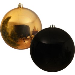 2x stuks grote kerstballen van 20 cm glans van kunststof goud en zwart - Kerstbal