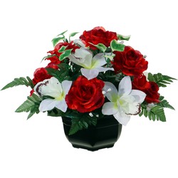Louis Maes Kunstbloemen plantje in pot - kleuren rood/wit - 25 cm - Bloemstuk ornament - orchidee/rozen met bladgroen - Kunstbloemen