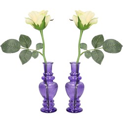 Ideas 4 Seasons Bloemenvaas Venice - 2x - voor kleine stelen/boeketten - gekleurd sierglas - ribbel paars - D5.7 x H15 cm - Vazen