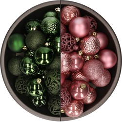 74x stuks kunststof kerstballen mix van velvet roze en donkergroen 6 cm - Kerstbal