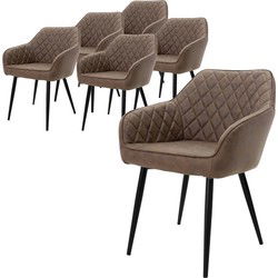3x eetkamerstoel set van 2 diamant doorgestikte bruine kunstleren bekleding met metalen poten & armleuningen incl. montagemateriaal ML-Design