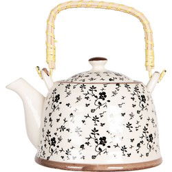 Clayre & Eef Theepot met Filter Beige Zwart Porselein Bloemen