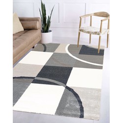 Flycarpets Palermo Vloerkleed Beige / Grijs Geblokt Motief - Laagpolig - Woonkamer - 160x220 cm