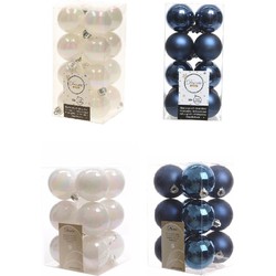 Kerstversiering kunststof kerstballen mix donkerblauw/parelmoer wit 4 en 6 cm pakket van 80x stuks - Kerstbal