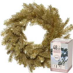 Kerstkrans goud glitter 50 cm incl. verlichting helder wit 4m - Kerstkransen