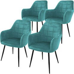 Eetkamerstoel set van 4 vierkant gewatteerd met rugleuning en armleuningen Petrol keukenstoel met microvezel fluwelen hoes ML design