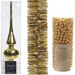 Gouden kerstversiering/kerstdecoratie set piek, 1x folielslinger, 1x kralenslinger - Kerstslingers