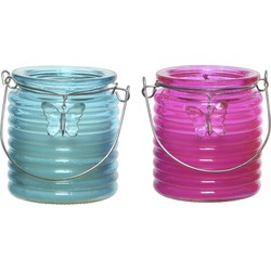 Citronella kaars - in windlicht - 2x - blauw en roze - 20 branduren - citrusgeur - geurkaarsen