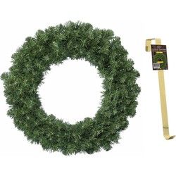 Groene kerstkrans / dennenkrans 60 cm met 200 takken kerstversiering en met gouden hanger - Kerstkransen