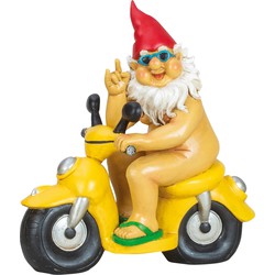 Tuinkabouter beeld Happy Nudist - Polystone - Scooter rijder - 28 x 26 cm - Tuinbeelden