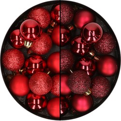 28x stuks kleine kunststof kerstballen bordeaux rood en rood 3 cm - Kerstbal