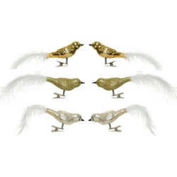 6x stuks glazen decoratie vogels op clip champagne/goud 8 cm - Kersthangers