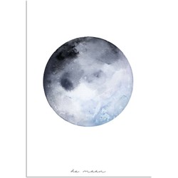 Maan - La Luna - Waterverf stijl - Interieur poster - Wanddecoratie - Grijs Blauw  - A3 poster (29,7x42 cm)