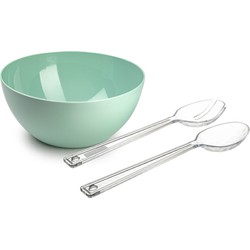 Salade serveer schaal - mintgroen - kunststof - Dia 28 cm - met sla couvert/bestek - Serveerschalen