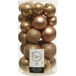 30x Camel bruine kerstballen 4 - 5 - 6 cm kunststof mat/glans/glans/glitter - Kerstbal