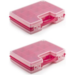 2x stuks opbergkoffertje/opbergdoos/sorteerboxen 22-vaks kunststof roze 28 x 21 x 6 cm - Opbergbox