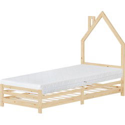 Kinderbed huis 90x200 cm naturel met matras H:16cm houten kinderbed met lattenbodem schoorsteen design ML-Design