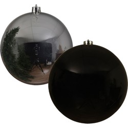 2x stuks grote kerstballen van 20 cm glans van kunststof zwart en zilver - Kerstbal