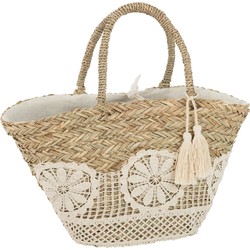 J-line - Strandtas Kant Bloem+kwast Jute Naturel/wit - 50x19x52cm