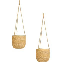 Set van 2x stuks hangende plantenpot/bloempot jute/zeegras diameter 17 cm - hoogte 14 cm creme beige - Plantenpotten