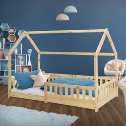 Kinderbed Huisbed 90x200 cm gemaakt van dennenhout met uitvalbeschermend dak en lattenbodem Houten bed ML design