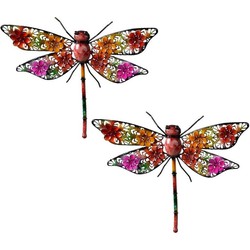 2x stuks gekleurde metalen tuindecoratie libelle hangdecoratie 27 x 33 cm cm - Tuinbeelden