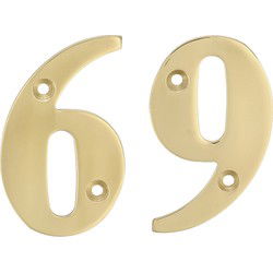 AMIG Huisnummer 69 - massief messing - 10cm - incl. bijpassende schroeven - gepolijst - goudkleur - Huisnummers