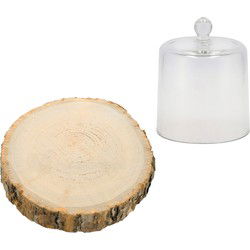 Decoratie stolp met boomschijf - glas/hout - D17 x H16 cm - deco cloche - hobby/woonaccessoire - Decoratieve stolpen