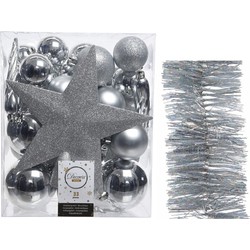 Kerstversiering kerstballen 5-6-8 cm met ster piek en glitter slingers pakket zilver van 35x stuks - Kerstbal