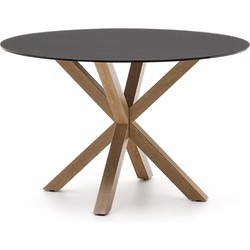 Kave Home - Argo ronde tafel in matzwart glas en stalen poten met houteffect Ø 120 cm