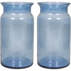 Set van 2x stuks glazen melkbus vaas/vazen blauw 7 liter smalle hals 16 x 29 cm - Vazen
