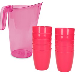 10x kunststof drinkbekers 300 ML met schenkkan set roze van 1.75 liter - Schenkkannen