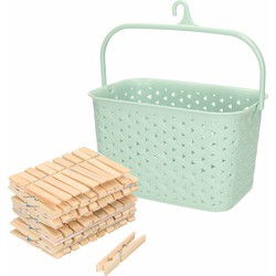 Wasknijpers mandje met ophanghaak - groen - gevuld met 100x houten wasknijpers van 7 cm - knijperszakken