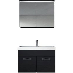 Badplaats Badkamermeubel Set Paso 02 80 x 40 cm - Zwart Hoogglans - Badmeubel met Wastafel en Spiegelkast