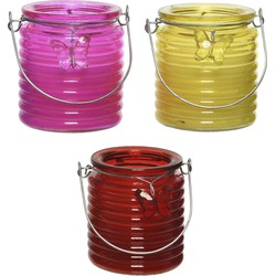 Citronella kaars - 3x - in windlicht - roze/geel en rood - 20 branduren - citrusgeur - geurkaarsen