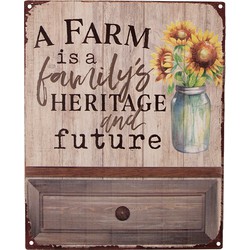 Clayre & Eef Tekstbord  20x25 cm Bruin Ijzer Bloemen A farm is a family's heritage and future Wandbord