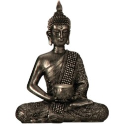 Boeddha decoratie beeldje met kaarshouder - kunststeen - zilver - 26 x 20 cm - Beeldjes