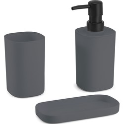 MSV Badkamer accessoires set 3-delig Lona - Kunststof - Donkergrijs - Zeeppompje/beker/schaaltje - Badkameraccessoireset