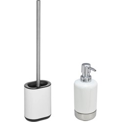 WC-/toiletborstel en houder - wit - met zeeppompje 300 ml - Badkameraccessoireset