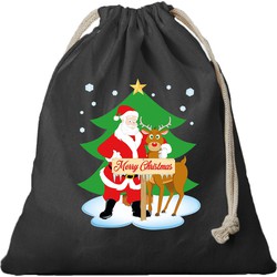 1x Kerst cadeauzak zwart Santa en Rudolf met koord voor als cadeauverpakking - cadeauverpakking kerst