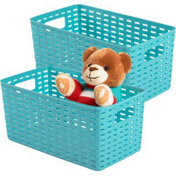 Plasticforte Opbergmand - 2x - Kastmand - rotan kunststof - turquoise blauw - 5 Liter - 15 x 28 x 13 cm - Opbergmanden