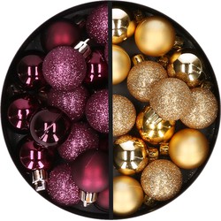 34x stuks kunststof kerstballen aubergine paars en goud 3 cm - Kerstbal