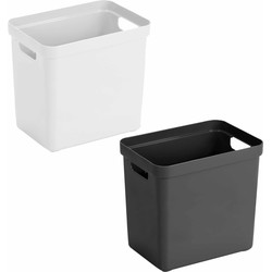 Set van 4x stuks opbergboxen/opbergmanden 25 liter kunststof zwart en wit - Opbergbox