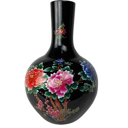 Fine Asianliving Chinese Vaas Zwart Bloemen Pioenen Handgemaakt