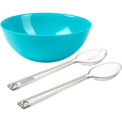 Salade serveer schaal - blauw - kunststof - Dia 25 cm - inclusief sla couvert/bestek - Serveerschalen