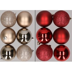 12x stuks kunststof kerstballen mix van champagne en donkerrood 8 cm - Kerstbal