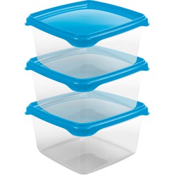 Hega Hogar Vershoudbakjes - set 3x stuks - 1.3 liter - transparant/blauw - L16 x B16 x H11 cm - Vershoudbakjes