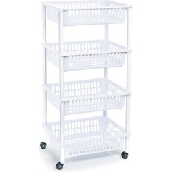 Woondecoratie karretjes/trolleys met 4 witte opbergmanden 85 cm - Opberg trolley