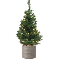 Volle mini kerstboom groen in jute zak met verlichting 60 cm en taupe pot - Kunstkerstboom