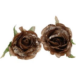 2x stuks decoratie bloemen roos goud bruin glitter op clip 10 cm. - Kersthangers